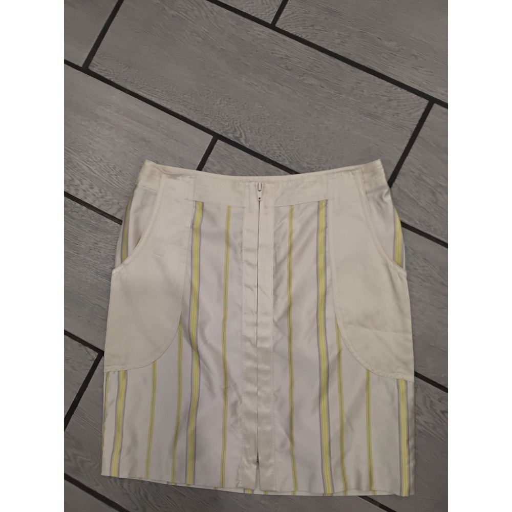Catherine Malandrino Beige Yellow Stripe‎ Zip Front Pocketed Mini Skirt Size 8